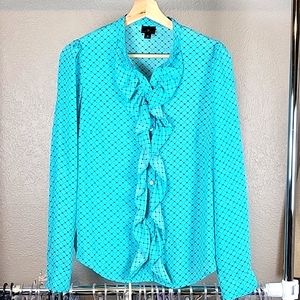 Worthington Blouse Top Green‎ Teal   Long Sleeves Ruffled Button up